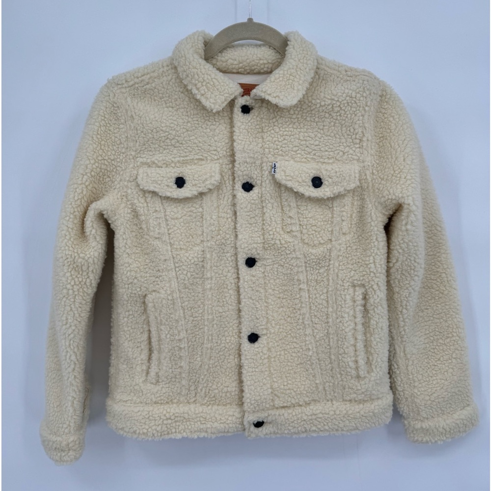 Levis Kids‎ All Over Sherpa Trucker Jacket Beige Cream Sz M 10-12 yo Unisex EUC